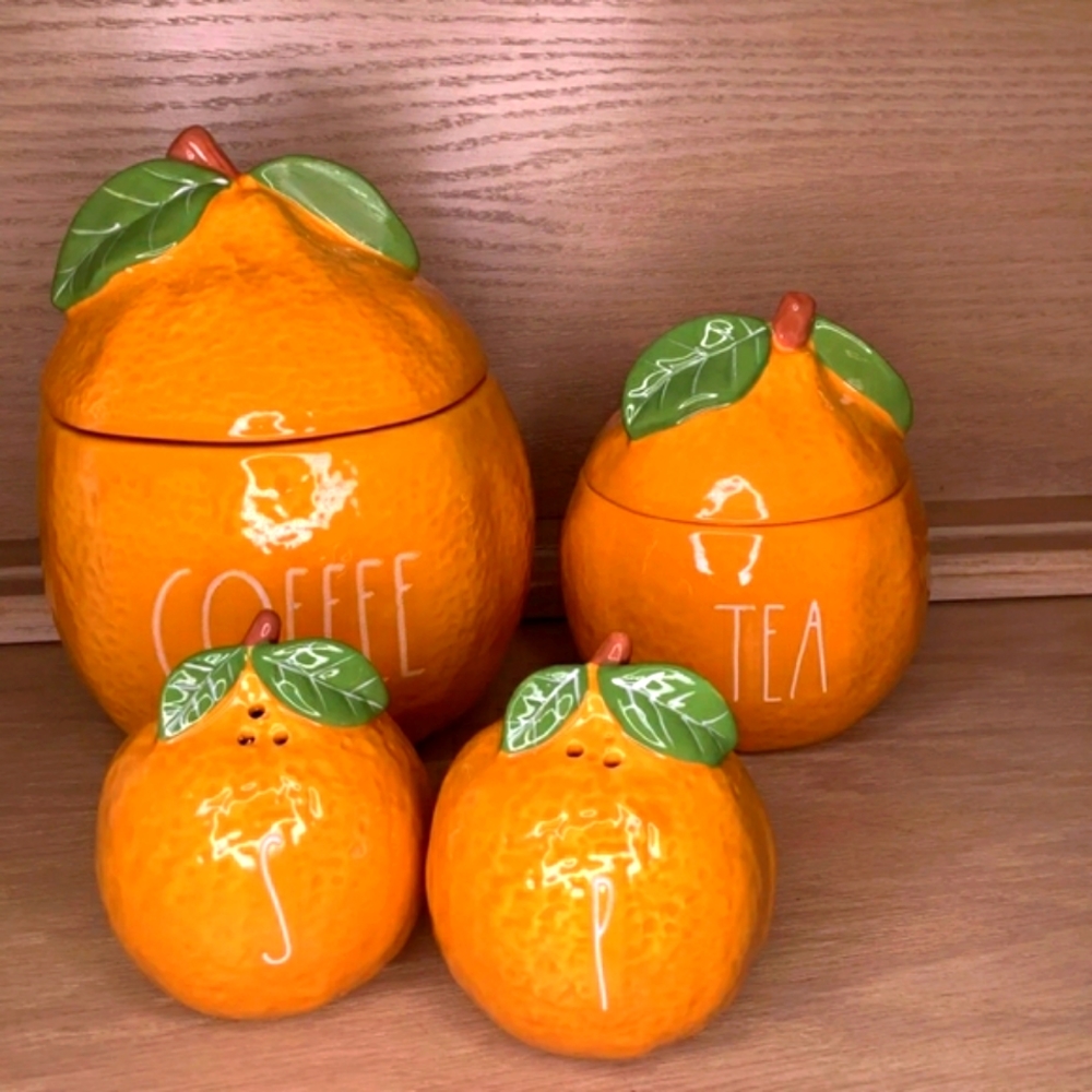 🆕️ ~ Rae Dunn Orange COFFEE, TEA Canisters, Salt & Pepper Shaker Bundle